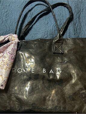 Black Patent Tote Bag with Decorative Scarf